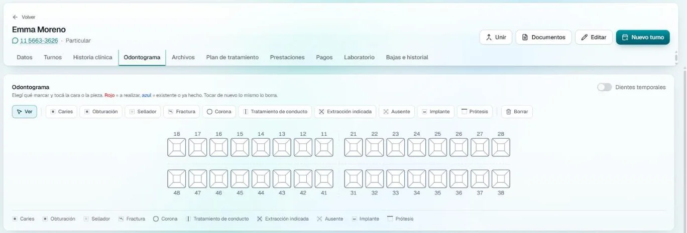 Odontograma de AGO, el esquema de dientes del paciente dentro de la historia clínica