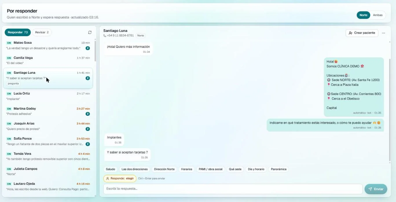 Pantalla de AGO para responder el WhatsApp de la clínica: conversaciones por contestar y respuestas rápidas